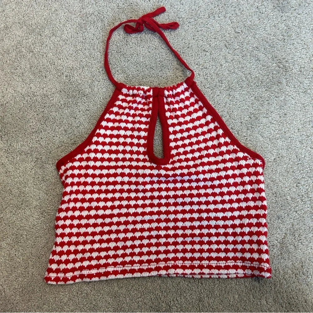 Zara red white printed knit halter crop top Sz M NWT - Picture 4 of 10
